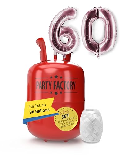 Party Factory – Helium Gasflasche 200L im Set mit XXL Zahlenballon "60" Rosé – Partydeko Ballongas Flasche mit Folienballon & 40 m weißer Ballonschnur – Einwegflaschen mit Knick-Füllventil Party Factory – Helium Gasflasche 200L im Set mit XXL Zahlenballon "60" Rosé – Partydeko Ballongas Flasche mit Folienballon & 40 m weißer Ballonschnur – Einwegflaschen mit Knick-Füllventil von Party Factory