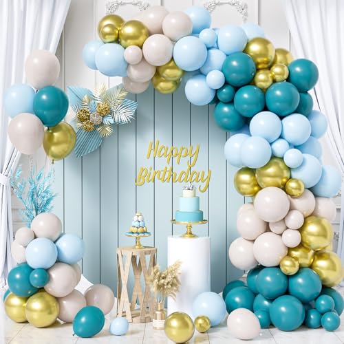 Blaue Luftballons Bogen Set, 133 Stück Macaron Blau Gold Ballons Girlanden Set, Retro Blau Sand Weiß Luftballons Für Männer Jungen Geburtstagsfeier Hochzeit Abschlussfeier Raumparty Dekor von Party Forest