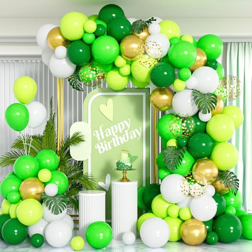 Grünes Luftballon Bogen Set, 108 Stück Dunkelgrün Fruchtig Grün Weiß Ballons Bogen Girlande Set, Metallisch Goldene Konfetti Ballons Für Jungen Geburtstagsfeier Babyparty Safari Dschungel Wald Deko von Party Forest