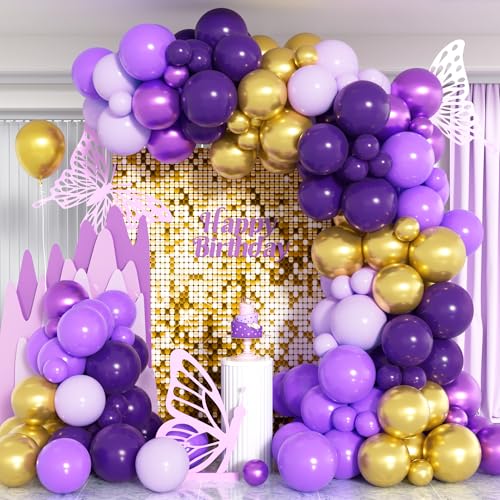 Lila Luftballons Bogen Set, 103 Stück Dunkel Helllila Macaron Lila Luftballons Bogen Girlanden Set, Metallische Lila Goldene Ballons Für Frauen Mädchen Geburtstagsfeier Babyparty Lavendel Motto Deko von Party Forest