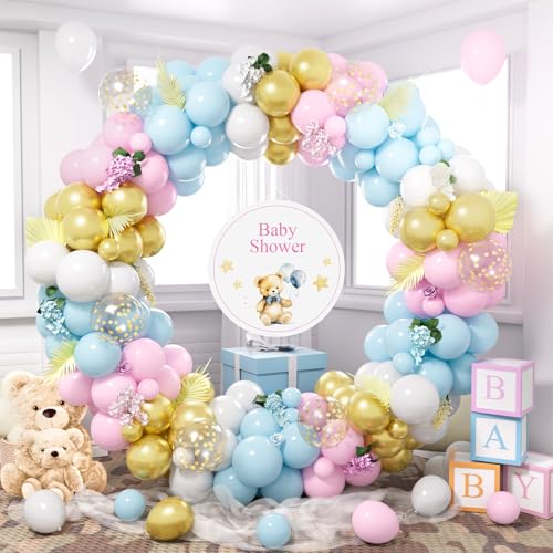 Luftballon Girlande Rosa Blau, 140 Stück Pastell Rosa Blaue Gold Ballons Girlande mit Metallic Gold Konfetti Luftballons für Frauen Mädchen Jungen Geburtstag Geschlecht Offenbaren Babyparty Deko von Party Forest