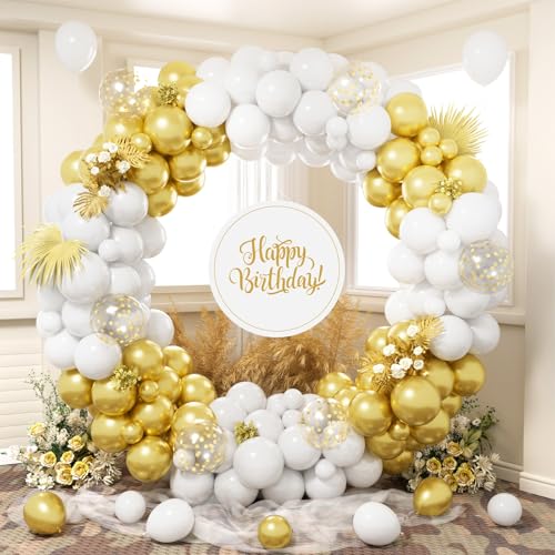 Luftballon Girlande Weiß Gold, 140 Stück Gold Weiß Ballon Girlande mit Metallic Gold Konfetti Luftballons für Mann Frauen Geburtstag Hochzeit Babyparty Jubiläum Verlobung Bachelorette Party Dekoration von Party Forest