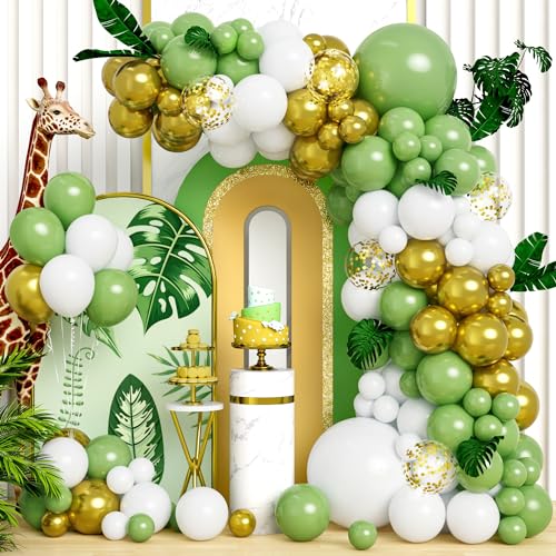 Luftballons Girlande Grün, 115 Stück Ballon Retro Salbeigrün Avocadogrün Weiß Gold Konfetti Ballons Mädchen Frauen Geburtstag Hochzeit Jubiläum Verlobung Jahrestag Picknick Babyparty Deko von Party Forest