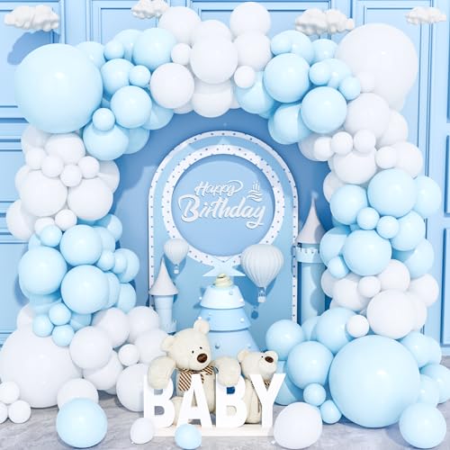 Blau Weiß Luftballons, 120Pcs Pastell Baby Blau Ballon Bogen Girlande Kit mit Verschiedenen Größen 18/12/10/5 Zoll für Geburtstag Baby Shower Gender Reveal Hochzeit Verlobung Jubiläum Party Dekoration von Party Forest