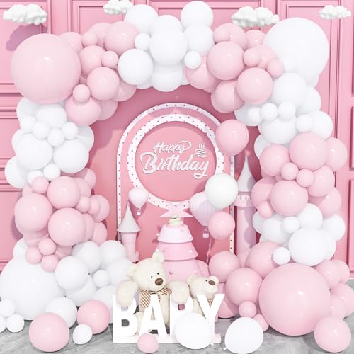 Rosa Weiß Luftballons,120 Pcs Pastell Baby Rosa Ballon Bogen Girlande Kit mit Verschiedenen Größen 18/12/10/5 Zoll für Geburtstag Baby Shower Hochzeit Verlobung Jubiläum Valentinstag Party Dekoration von Party Forest