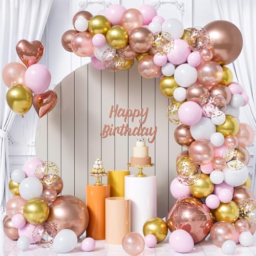 Rosé Gold Luftballon Bogen Set, 108 Stück Roségold Rosa Weiß Ballons Mit Konfetti Ballon, Herz Ballon Für Frauen Mädchen Babyparty Braut Hochzeit Verlobung Abschlussfeier Party Dekoration von Party Forest