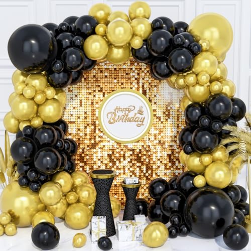 Schwarz Gold Luftballons, 120 Pcs Schwarz und Metallic Gold LuftBallon Bogen Girlande Kit mit Verschiedenen Größen 18/12/10/5 Zoll für Männer Frauen Geburtstag Neujahr Jubiläum Graduierung Party Deko von Party Forest