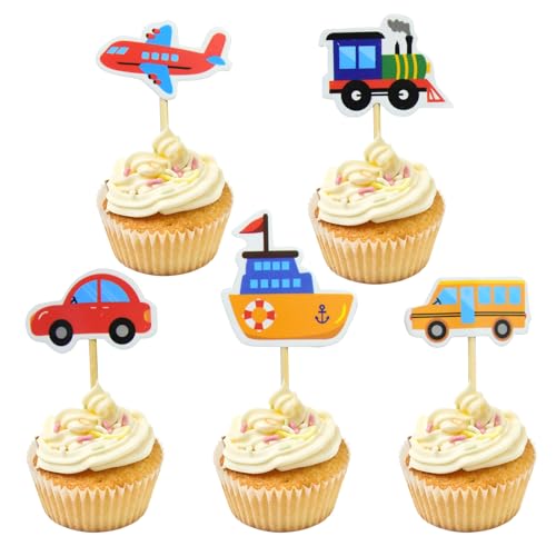 Transport Muffin Tortendeko, 64 Stück Transport Topper Geburtstags Dekorationen, Transport Geburtstags Cupcake Topper Für Kinder Mädchen Jungen Auto Bus Zug Schiff Flugzeug Motto Geburtstags Party von Party Forest