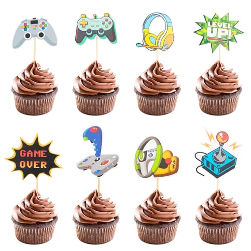 Videospiel Muffin Tortendeko, 32 Stück Videospiel Topper Geburtstags Dekorationen, Gaming Geburtstags Cupcake Topper Für Kinder Männer Jungen Game Controller Spielhintergrund Thema Geburtstags Party von Party Forest