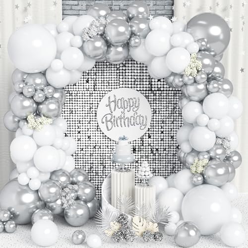 Weiß Silber Luftballons, 120Pcs Weiß und Metallic Silber Ballon Bogen Girlande Kit mit Verschiedenen Größen 18/12/10/5 Zoll für Hochzeit Geburtstag Baby Shower Brautparty Verlobung Jubiläum Party Deko von Party Forest