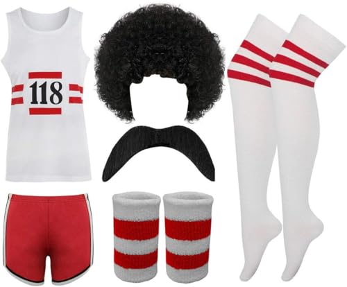 Herren Damen 118 Kostüm Marathon Retro Weste Shorts Tash Socken Perücke Armband Komplettset Unisex 6-teiliges Party-Outfit von Party HuB