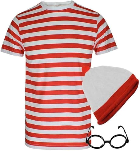 Herren Damen rot und weiß gestreiftes T-Shirt, Hut und Brille, Unisex, 3-teiliges Set, Buchwoche, Kostümparty, Outfit (3-teiliges Set, XL) von Party HuB