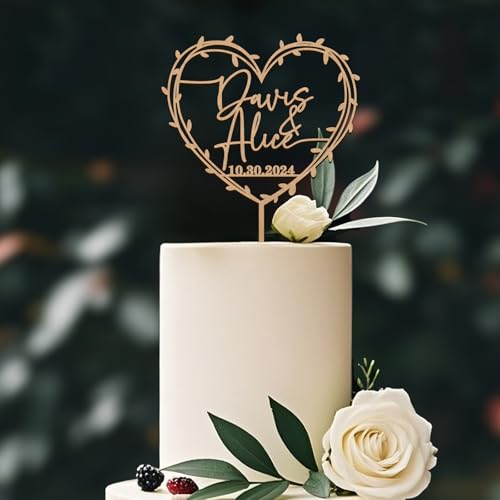 Party to Be Cake Topper Hochzeit Personalisiert Herz Kranz Design mit Namen und Daten Dekoration der Hochzeitstorte in Plain Metallic Finish Holz von Party to Be