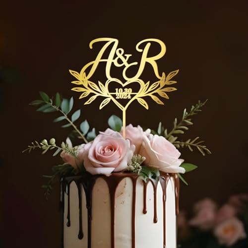 Party to Be Personalisiert Hochzeitstorte Topper in Acryl mit Initialen und Datum Hochzeitstorte Dekoration Herz und Blätter Design von Party to Be