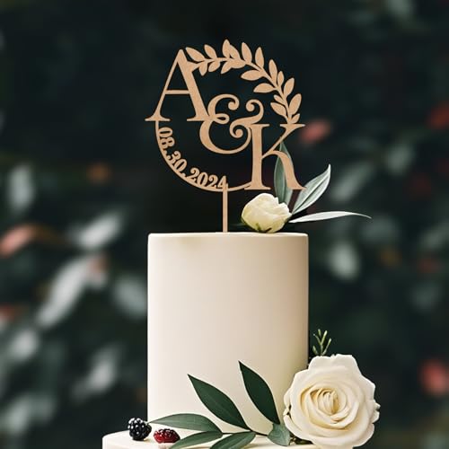 Party to Be Personalisiert Hochzeitstorte Topper in Holz mit Braut/Bräutigam Name und Initialen Hochzeit Kuchen Dekoration Blätter Silhouette Design von Party to Be