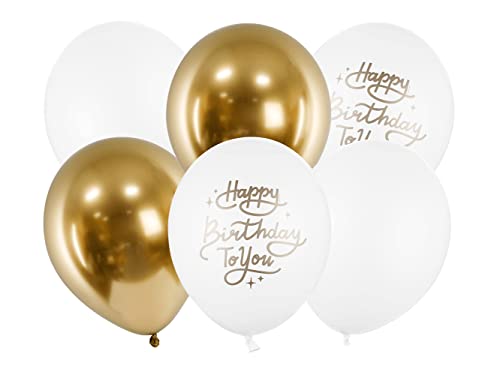 Luftballons 30cm 6er Set mit Schrift Happy Birthday Mix Geburtstag Geburtstagsparty gold weiß von PartyDeco