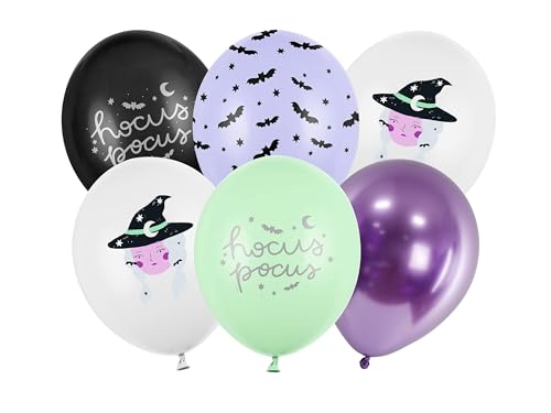 Luftballons Hocus Pocus Hexen 30cm 6er Set - Ballons für Helium oder Luft - Latexballons für Hexenparty Halloween Kindergeburtstag - Ballonset als Halloweendeko - Farbmix von PartyDeco