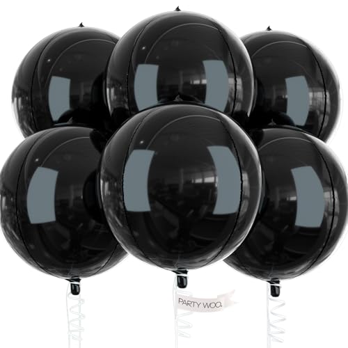 PartyWoo Luftballons Schwarz, 6 Stück Folienballons Schwarz, 22 Zoll Riesige 4D Folienballons Rund, Luftballons Groß, Folienballons für Geburtstagsdeko, Hochzeitsdeko, Partydeko (Rund, Schwarz) von PartyWoo