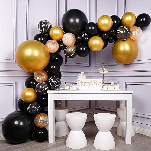 PartyWoo Luftballons Schwarz Gold, 59 Stück Schwarz Luftballons und Luftballons Metallic Gold, Luftballons Konfetti, Gold Schwarz Luftballons für Deko Hollywood Party, 1970 Party, Gatsby Party von PartyWoo