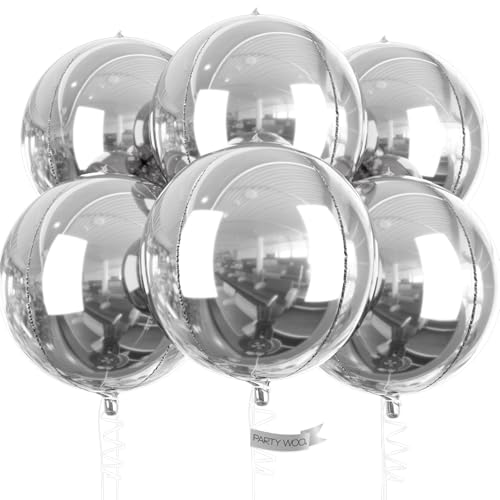 PartyWoo Luftballons Silber, 6 Stück Folienballons Silber, 22 Zoll Riesige 4D Folienballons Rund, Luftballons Groß, Folienballons für Geburtstagsdeko, Hochzeitsdeko, Partydeko (Rund, Silber) von PartyWoo