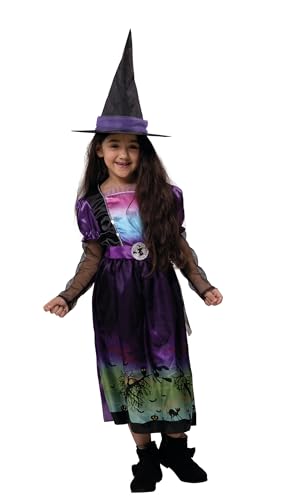 PartyXPeople Hexe Luna inkl. Hexenhut | Kinderkostüm Witch | Karneval und Halloween Mädchen Verkleidung | Kinder Kostüm schwarz-lila-bunt | 12811 Gr. 104 bis Gr.128 (104) von PartyXPeople