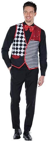 PartyXPeople Pierrot Weste Herren | Raute Streifen Pailletten | Harlekin Verkleidung Kostüm | inkl. Fliege | schwarz-weiß-rot 119242-48/50 von PartyXPeople