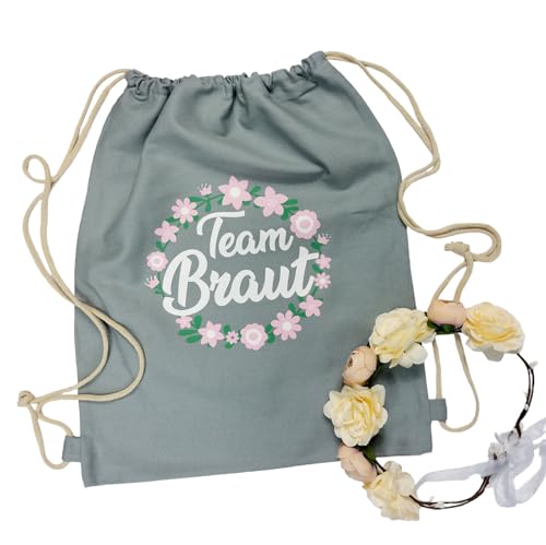 Partybob Damen JGA Accessoires Set: Turnbeutel + Blumenkranz – Team Braut (Grau/Beige) von Partybob