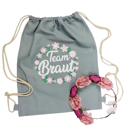 Partybob Damen JGA Accessoires Set: Turnbeutel + Blumenkranz – Team Braut (Grau/Pink) von Partybob