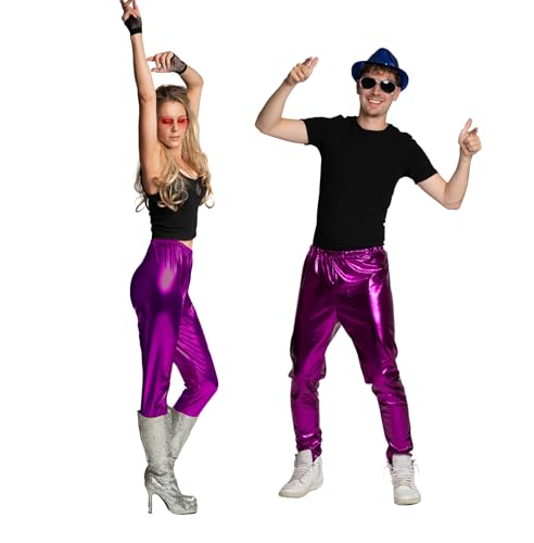 Partychimp Disco Hose Herren und Damen, 70er Jahre Kostüm Outfit Mottoparty Karneval, Metallic Glänzend in Lila, Unisex Disco Pants in Größe 2XL von Partychimp