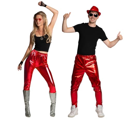 Partychimp Disco Hose Herren und Damen, 70er Jahre Kostüm Outfit Mottoparty Karneval, Metallic Glänzend in Rot, Unisex Disco Pants in Größe 2XL von Partychimp