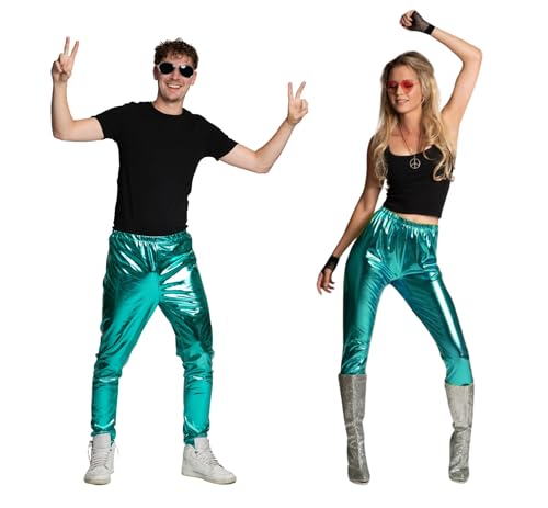 Partychimp Disco Hose Herren und Damen, 70er Jahre Kostüm Outfit Mottoparty Karneval, Metallic Glänzend in Türkis, Unisex Disco Pants in Größe 2XL von Partychimp