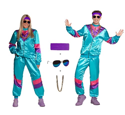 Partychimp Disco Trainingsanzug Kostüm, 80er Jahre Outfit Damen und Herren, Jogginganzug Karneval Retro Shell Suit Unisex, Blau - Jacke, Hose, Stirnband, Kette und Brille - Größe 2XL von Partychimp