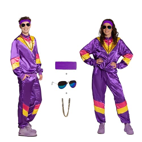 Partychimp Disco Trainingsanzug Kostüm, 80er Jahre Outfit Damen und Herren, Jogginganzug Karneval Retro Shell Suit Unisex, Lila - Jacke, Hose, Stirnband, Kette und Brille - Größe 2XL von Partychimp