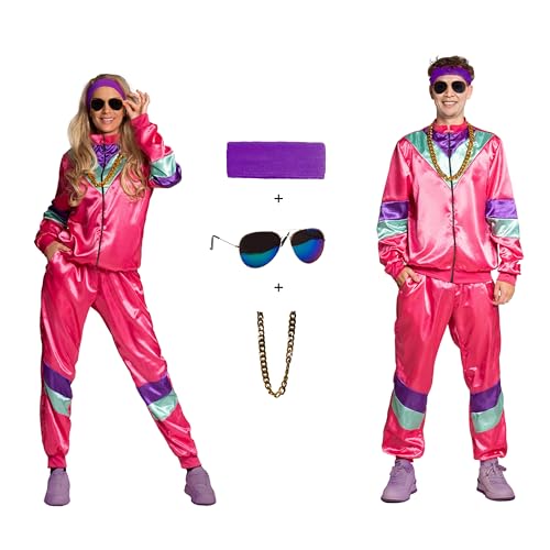 Partychimp Disco Trainingsanzug Kostüm, 80er Jahre Outfit Damen und Herren, Jogginganzug Karneval Retro Shell Suit Unisex, Rosa - Jacke, Hose, Stirnband, Kette und Brille - Größe 2XL von Partychimp