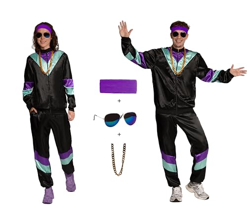 Partychimp Disco Trainingsanzug Kostüm, 80er Jahre Outfit Damen und Herren, Jogginganzug Karneval Retro Shell Suit Unisex, Schwarz - Jacke, Hose, Stirnband, Kette und Brille - Größe 2XL von Partychimp