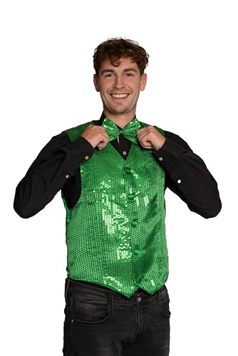 Partychimp Glitzer Weste mit Fliege Herren Set Pailletten, Karneval Kostüm Herren Disco, Grün – Größe XL von Partychimp