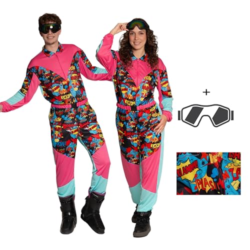 Partychimp Skianzug Karneval mit Skibrille für Damen und Herren, Ski Overall 80er Jahre, Apres Ski Party Outfit, Skianzug mit elastischem Gürtel und Skibrille – Comic – Größe M von Partychimp