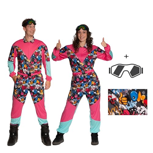 Partychimp Skianzug Karneval mit Skibrille für Damen und Herren, Ski Overall 80er Jahre, Apres Ski Party Outfit, Skianzug mit elastischem Gürtel und Skibrille – Funky – Größe 2XL von Partychimp