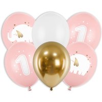 6 Luftballons in rosa, weiß und gold zum 1. Geburtstag, 30cm von Partydeco