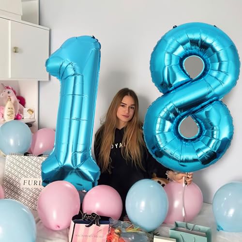 Geburtstag zahlen luftballon 18 jahre | Blau Folienballon 18 XXL -Riesen Folienballon in 40" - 101cm Geburtstagsdeko - Ballon Zahl Deko zum Geburtstag .Fliegt mit Helium von Partyhausy