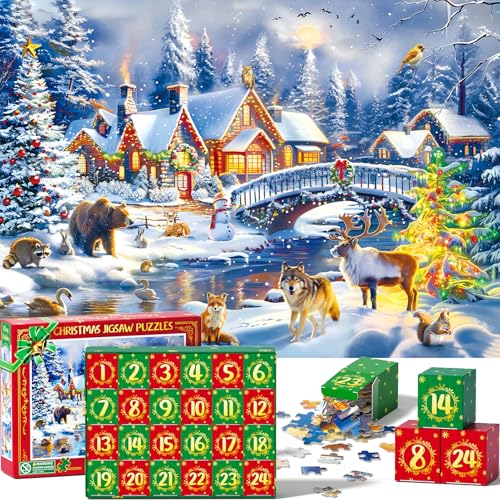 Partylamb Adventskalender 2024 Puzzles für Jungen Mädchen Weihnachten Puzzle Countdown Kalender 24 Boxen Geschenk Überraschung für Erwachsene Kinder 007 von Partylamb