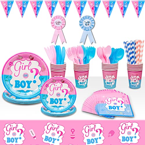 Gender Reveal Partyzubehör, Babyparty-Geschirr für 24 Gäste, Mädchen oder Jungen, Partyteller, Tassen, Servietten-Set, 2 Tischdecken, Mommy To Be & Daddy To Be Abzeichennadeln, Besteck, Banner, 206 Stück von Partywood