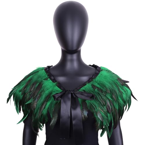 Pasdrucn Federkragen Chwarzer Kostüm Damen,Damen Natural Feather Schal,Gothic Feder Cape Poncho,Halloween Shrug Schwarz Poncho Kragen,Feder Achselzucken Schal Für Foto Requisite Cosplay (Grün) von Pasdrucn