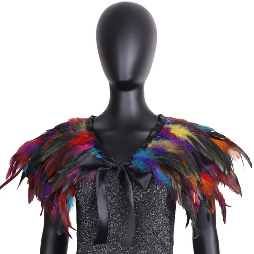 Pasdrucn Federkragen Chwarzer Kostüm Damen,Damen Natural Feather Schal,Gothic Feder Cape Poncho,Halloween Shrug Schwarz Poncho Kragen,Feder Achselzucken Schal Für Foto Requisite Cosplay (Mehrfarbig) von Pasdrucn