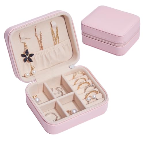 Pasdrucn Schmuckschatulle, Kleine Reise-Schmuckaufbewahrungsbox, Schmuckschatulle Aus Leder, Tragbare Schmuckschatulle, Ring, Ohrringe, Halskette, Armband Für Frauen Und Mädchen, Schwarz (pink) von Pasdrucn