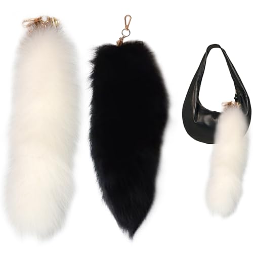 Fox Tailfox Schwanz 2pcs 16 Zoll flauschiger Schwanzschlüsselketten Pelzige Kunstfellschwanz mit Verschluss realistischer dekorativer Therian -Schwanz für Handtaschen -Cosplay, Weiß + Schwarz von Pastoralist