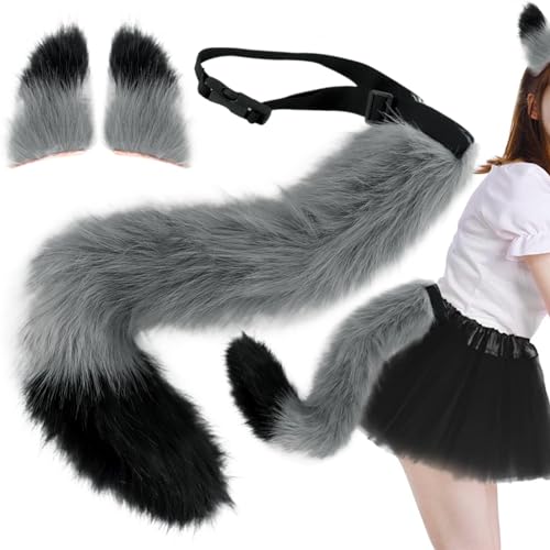 Fuchsohren und Schwanzohren und Schwanzset Fuchsschwanz und Fuchs Ohren Haarclip 25.6 '' Langflauschiger pelziger Schwanz Therian Gear Fox Kostüme für Cosplay -Party Masquerade Halloween Gray von Pastoralist