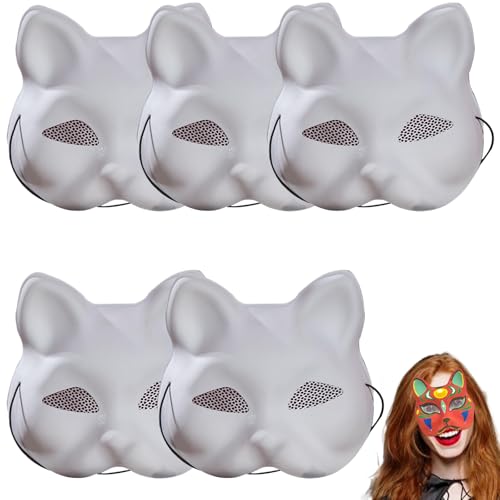 Katzenmaske Fuchsmaske | 5pcs Katzenmaske weiße Katzenmasken zum Malen von DIY -Halbdecke Therian Maske mit Augennetz ＆ Elastic Band PVC Animal Mask für Halloween Cosplay Party Masquerade Maske von Pastoralist