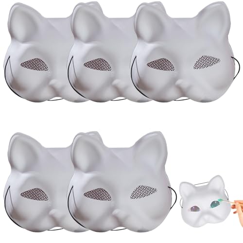 Katzenmaske Therian Masken, | 5pcs Katzenmaske weiße Katzenmasken zum Malen von DIY halb Cover Therian Maske mit Augennetz ＆ Elastic Band PVC Animal Maske für Halloween Cosplay Party Masquerade Maske von Pastoralist