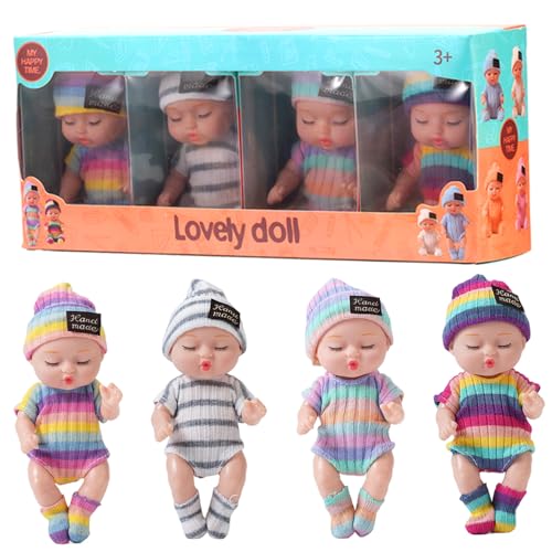 Miniaturspielzeug | Mini Babypuppen 4pcs realistisch schlafende kleine Babypuppen mit Kleidung auf 4 Farben beweglicher Gelenk winziger Babypuppe, Geschenke für Mädchen, gestreifte Kleidung von Pastoralist